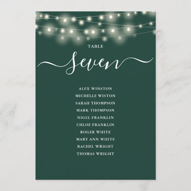 Emerald String Light Table Number Seating Chart (Front)