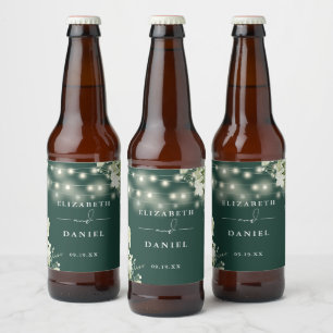 Emerald String Lights Floral Greenery Wedding Beer Bottle Label