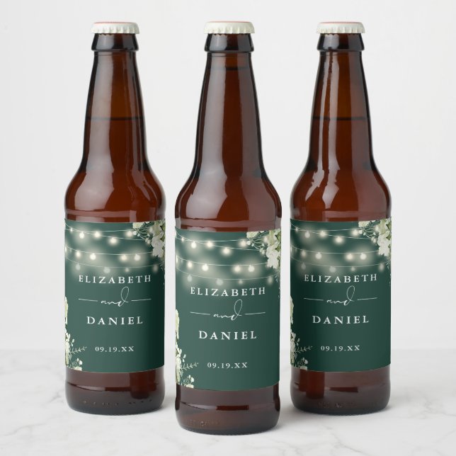Emerald String Lights Floral Greenery Wedding Beer Bottle Label (Bottles)