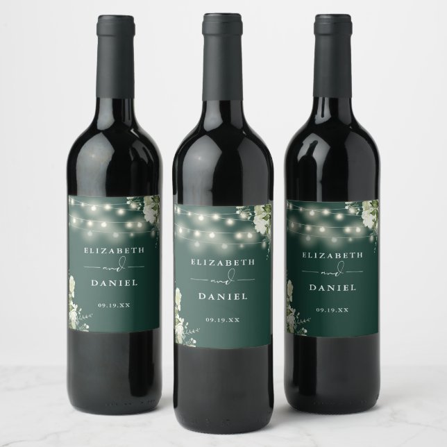 Emerald String Lights Floral Greenery Wedding Wine Label (Bottles)