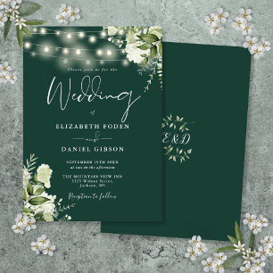Emerald String Lights Floral Monogram Wedding Invitation