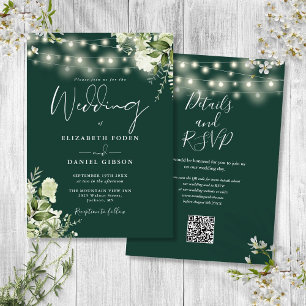 Emerald String Lights Floral QR Code Wedding Invitation
