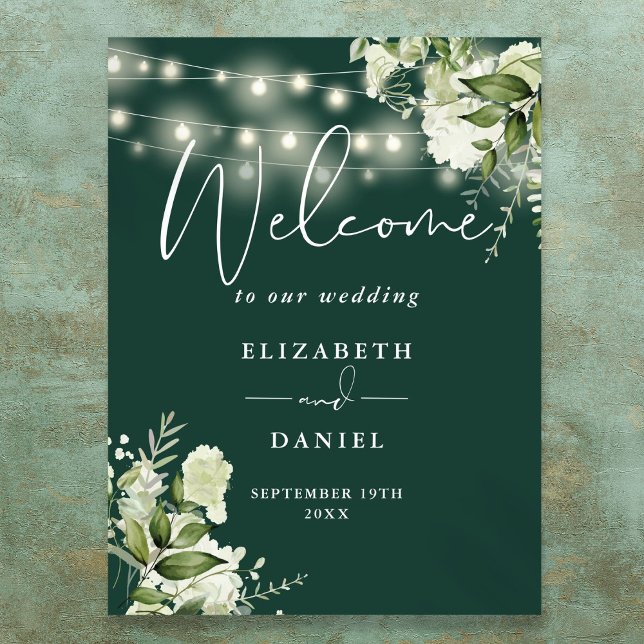 Emerald String Lights Floral Wedding Welcome Poster (Emerald String Lights Floral Wedding Welcome Poster)