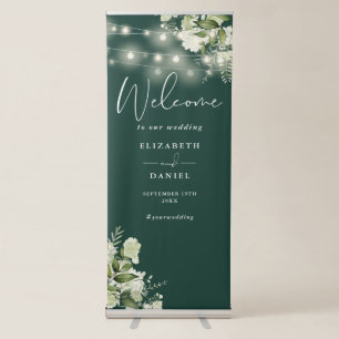 Emerald String Lights Floral Wedding Welcome Retractable Banner