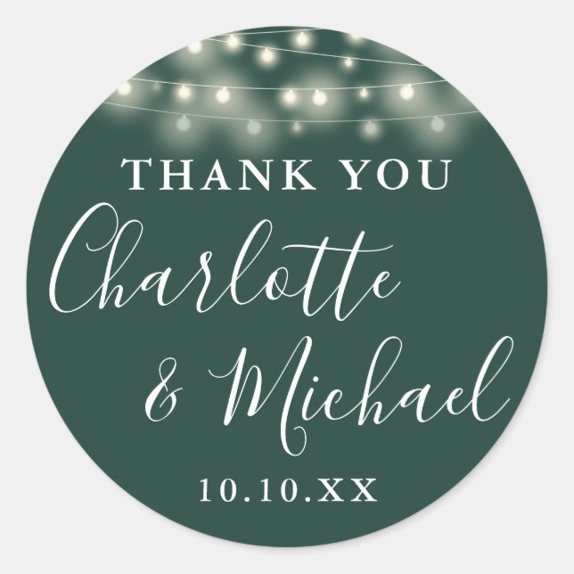 Emerald String Lights Wedding Favor Thank You  Classic Round Sticker (Front)