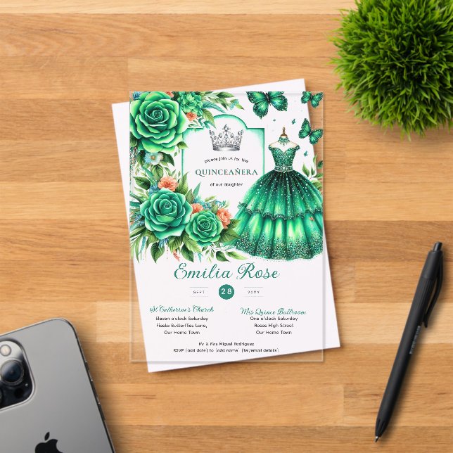 Emerald Sweet15 QUINCEANERA Green Dress Butterfly Acrylic Invitations (Insitu (Invitation Card))