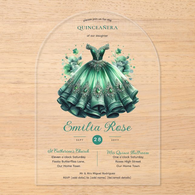 Emerald Sweet15 QUINCEANERA Green Dress Clear Acrylic Invitations (Front)