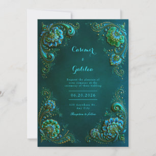 Emerald Teal Corner Blossom Wedding Invitation