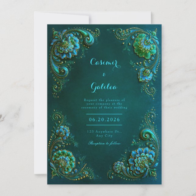 Emerald Teal Corner Blossom Wedding Invitation (Front)