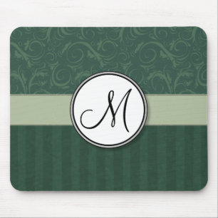 Emerald Teal Floral Wisps & Stripes with Monogram Mouse Mat