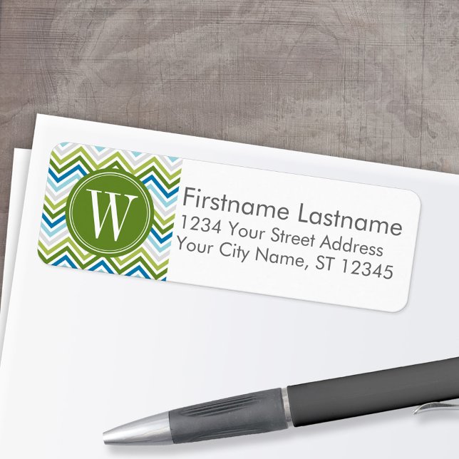 Emerald & Teal Modern Chevron Pattern Monogram (Custom Return Address Labels - Low Minimum)