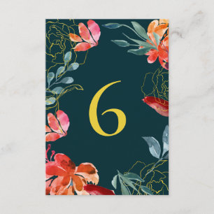 Emerald Teal Rust Gold Floral Wedding Table Number