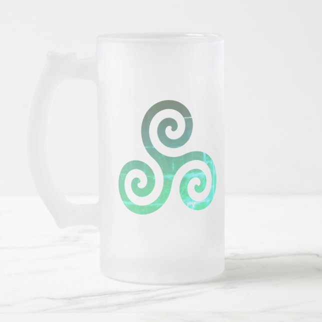 Emerald Triskele Ancient Celtic Symbol Frosted Glass Beer Mug (Left)