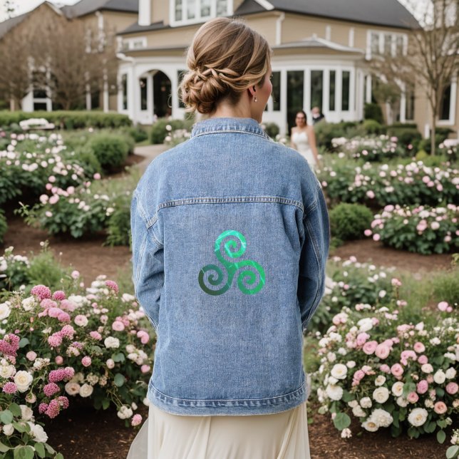 Emerald Triskele Ancient Celtic Symbol White Denim Jacket (Wedding Back)