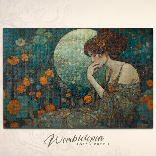 Emerald Twilight: Art Nouveau Lady & Floral Mosaic Jigsaw Puzzle