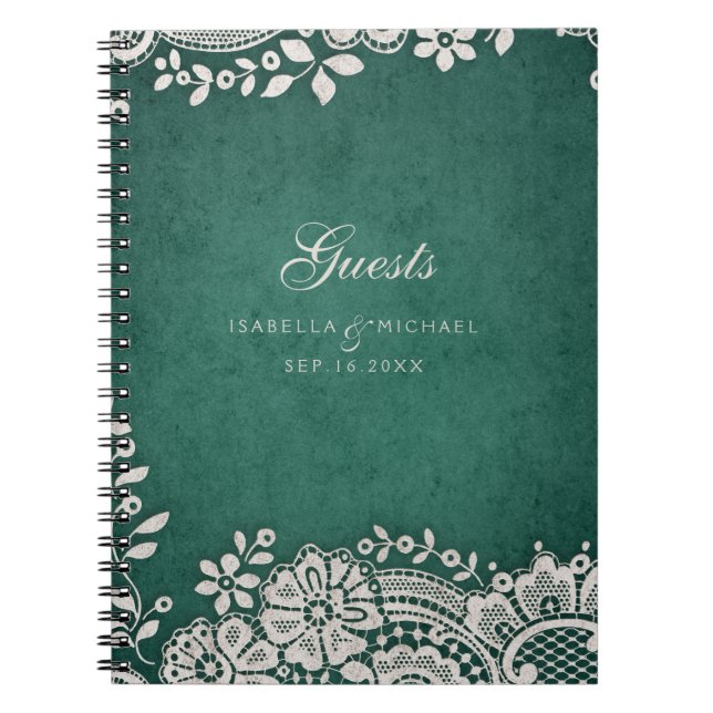 Emerald vintage lace rustic wedding guest book (Front)