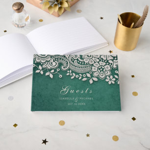 Emerald vintage lace rustic wedding guest book