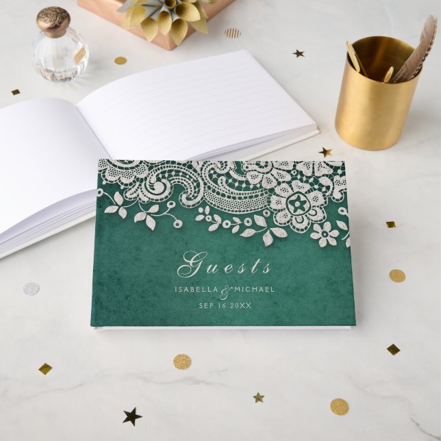 Emerald vintage lace rustic wedding guest book (Front Open)