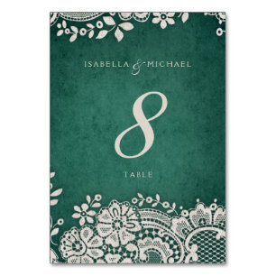 Emerald vintage lace rustic wedding table card