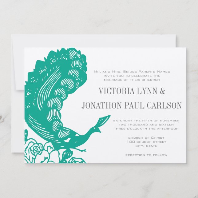 Emerald Vintage Modern Peacock Wedding Invite (Back)