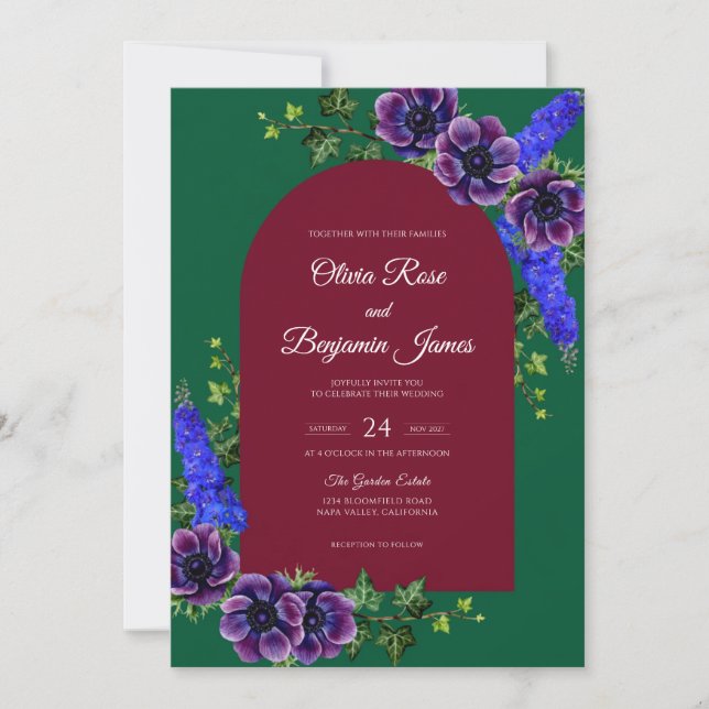 Emerald Violet Anemone Wedding Invitation (Front)