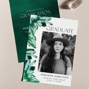 Emerald Watercolor Crystal Photo Graduation Party Invitation