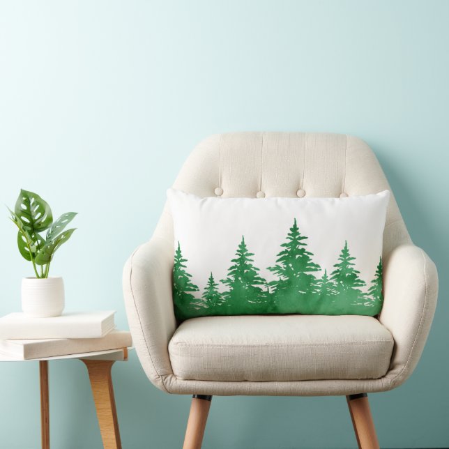 Emerald Watercolor Evergreen Trees Lumbar Cushion (Chair)