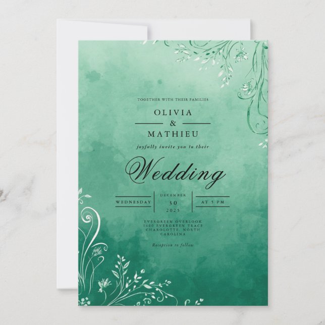 Emerald Watercolor Flourish Wedding Invitation (Front)