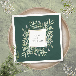 Emerald Watercolor Greenery Gold Napkin