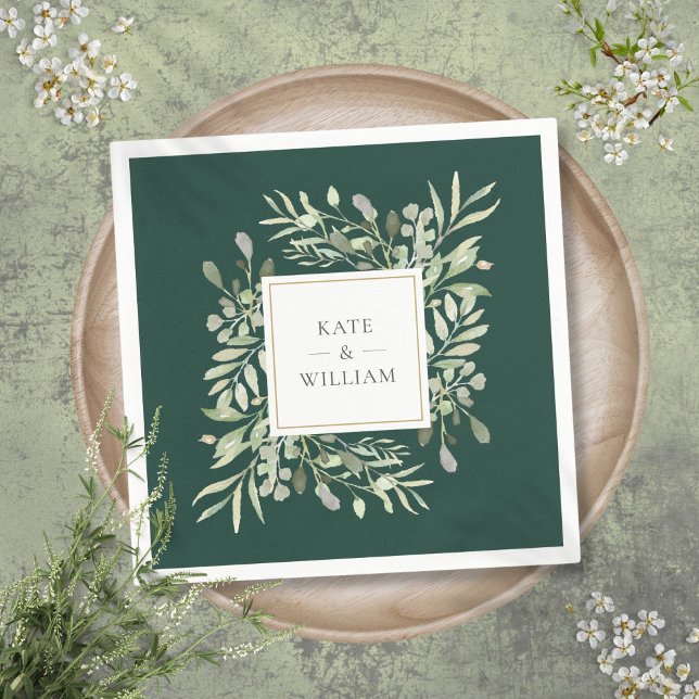 Emerald Watercolor Greenery Gold Napkin (Emerald Watercolor Greenery Gold Napkins)