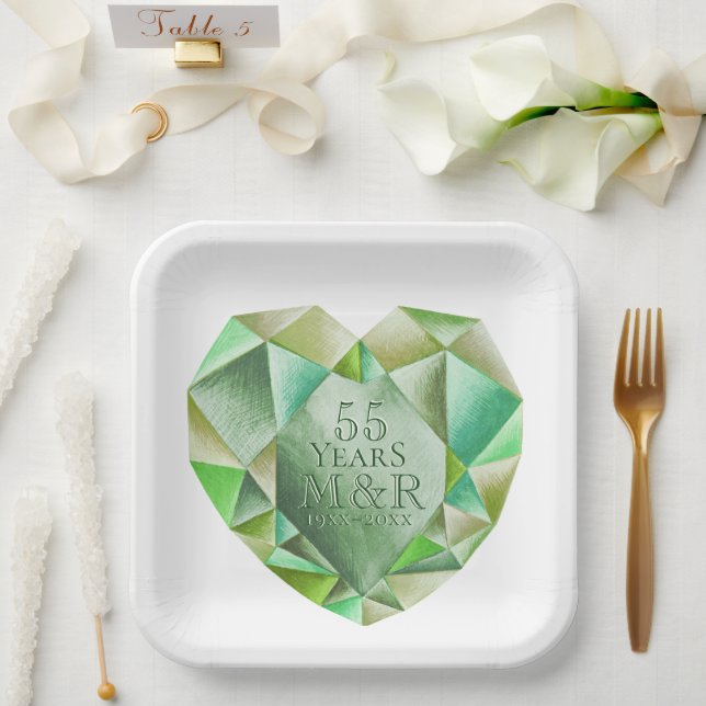  Emerald Watercolor Heart 55th Wedding Anniversary Paper Plate (Wedding)