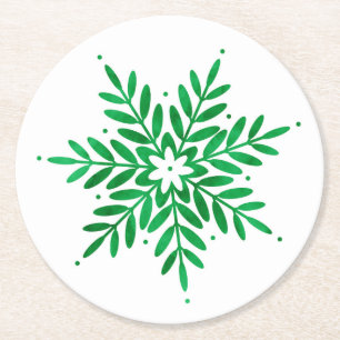 Emerald Watercolor Snowflake Round Paper Coaster