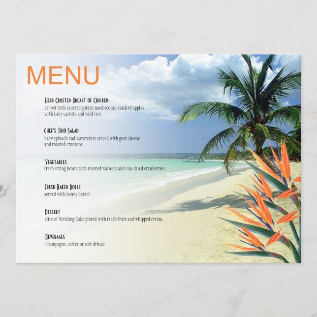 Emerald Waters Tropical Beach Wedding Menu papaya (Front)