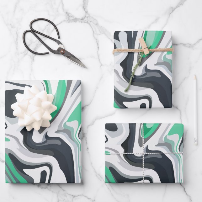 Emerald Waves in Abstract Fluid Art Wrapping Paper Sheet (Front)