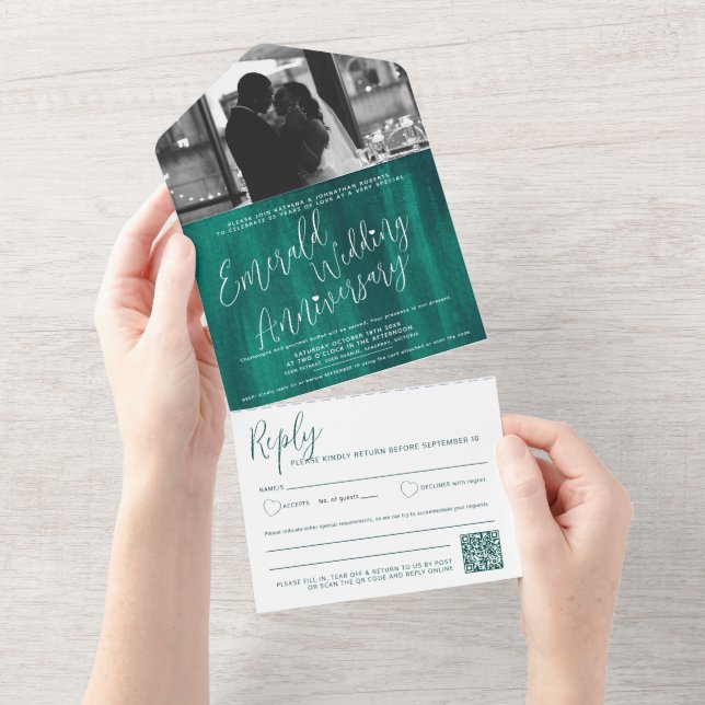 Emerald Wedding 55th photo QR code option RSVP All In One Invitation (Tearaway)
