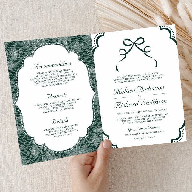 Emerald White Lace Coquette Bow QR Code Wedding Invitation (Creator Uploaded)