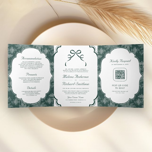 Emerald White Lace Coquette Bow QR Code Wedding Tri-Fold Invitation (Creator Uploaded)