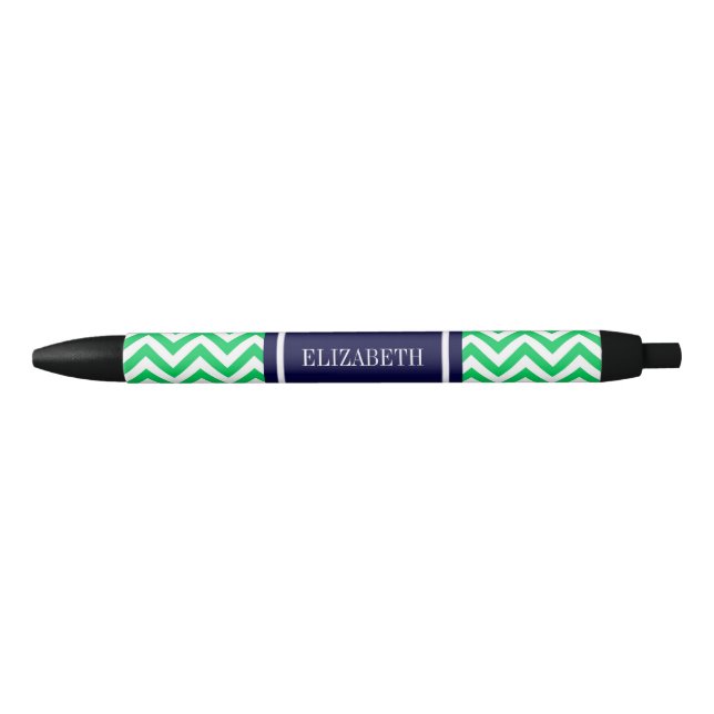 Emerald White LG Chevron Navy Blue Name Monogram Black Ink Pen (Front)