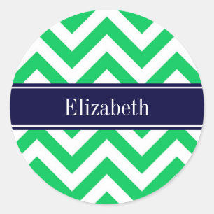 Emerald White LG Chevron Navy Blue Name Monogram Classic Round Sticker