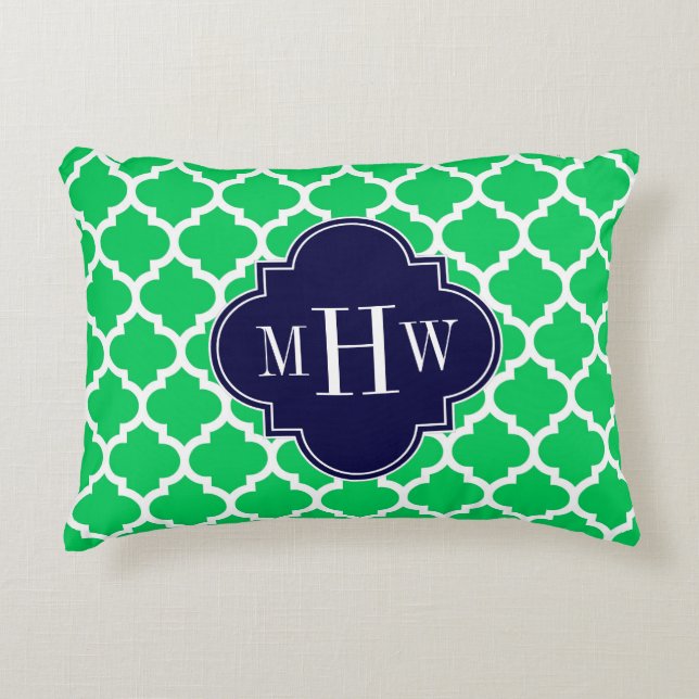 Emerald White Moroccan #5 Navy 3 Initial Monogram Decorative Cushion (Front)