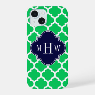Emerald White Moroccan #5 Navy 3 Initial Monogram iPhone 15 Case