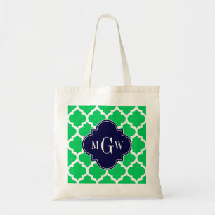 Emerald White Moroccan #5 Navy 3 Initial Monogram Tote Bag