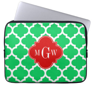Emerald White Moroccan #5 Red 3 Initial Monogram Laptop Sleeve
