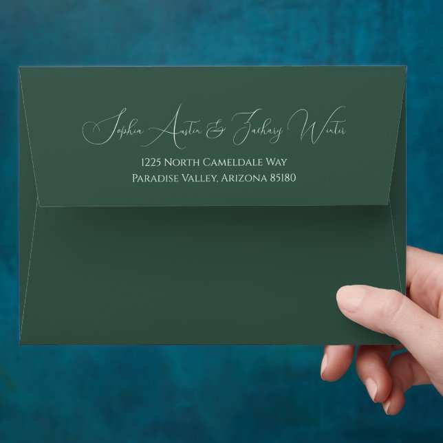 Emerald White Peony Outline Calligraphy Wedding Envelope (Hand)