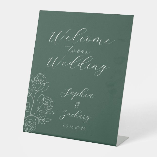 Emerald White Roses Calligraphy Welcome Wedding Pe Pedestal Sign (Front)