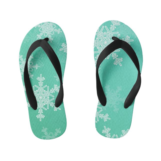 Emerald White Snowflakes Minimalist Christmas Kid's Flip Flops (Footbed)