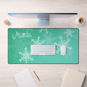Emerald White Snowflakes Minimalist Christmas Name Desk Mat