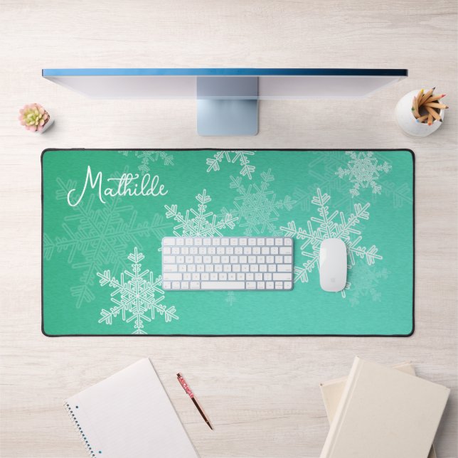 Emerald White Snowflakes Minimalist Christmas Name Desk Mat (Office 1)