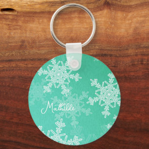 Emerald White Snowflakes Minimalist Christmas Name Key Ring