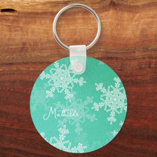 Emerald White Snowflakes Minimalist Christmas Name Key Ring (Front)